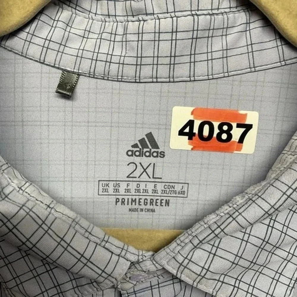NWOT Adidas Primegreen Blue Grid Plaid Short‎ Sleeve Polo Shirt Men 2XL China